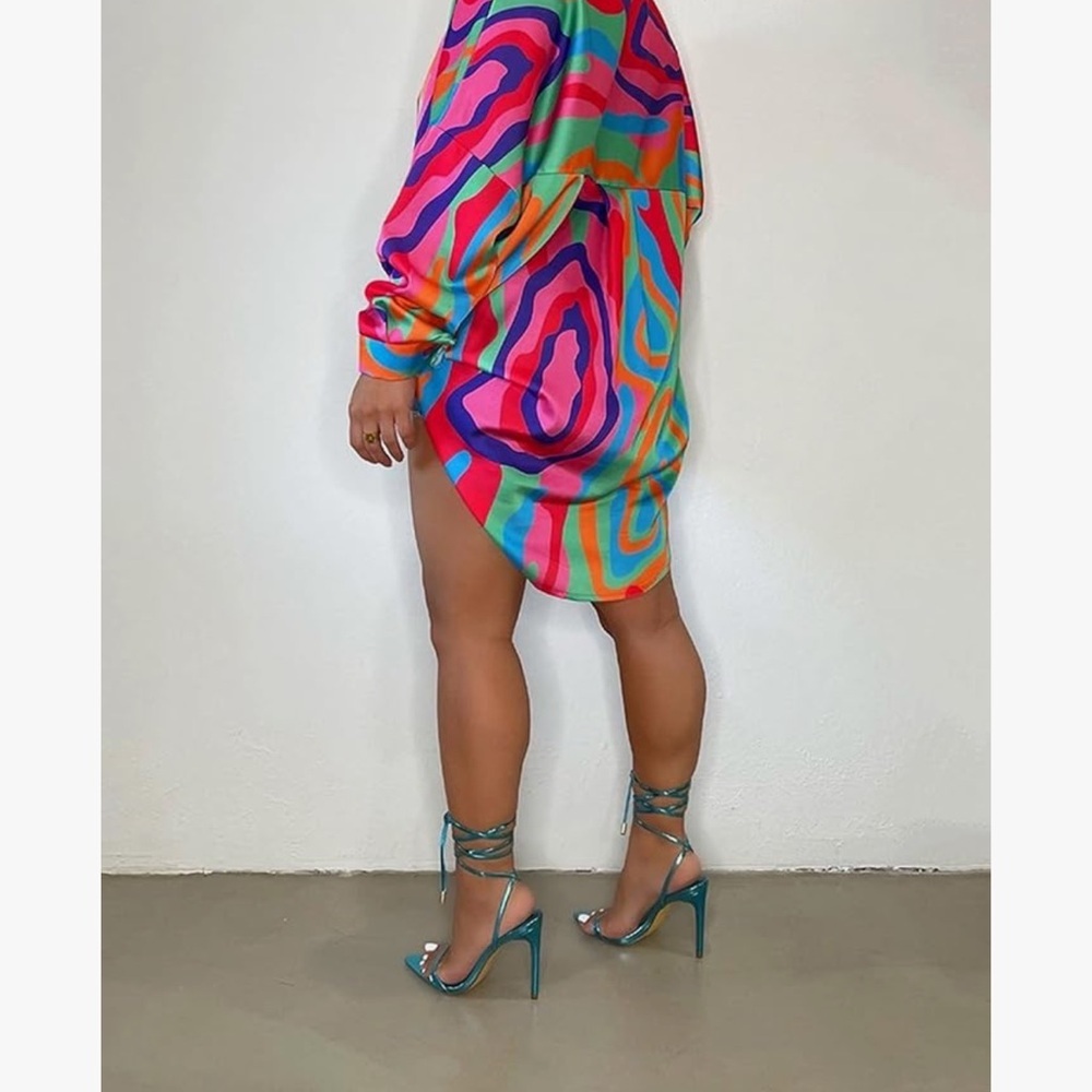 Colorful Womens Button Down Collared Long Shirt Mini Dress - Picture 11 of 11
